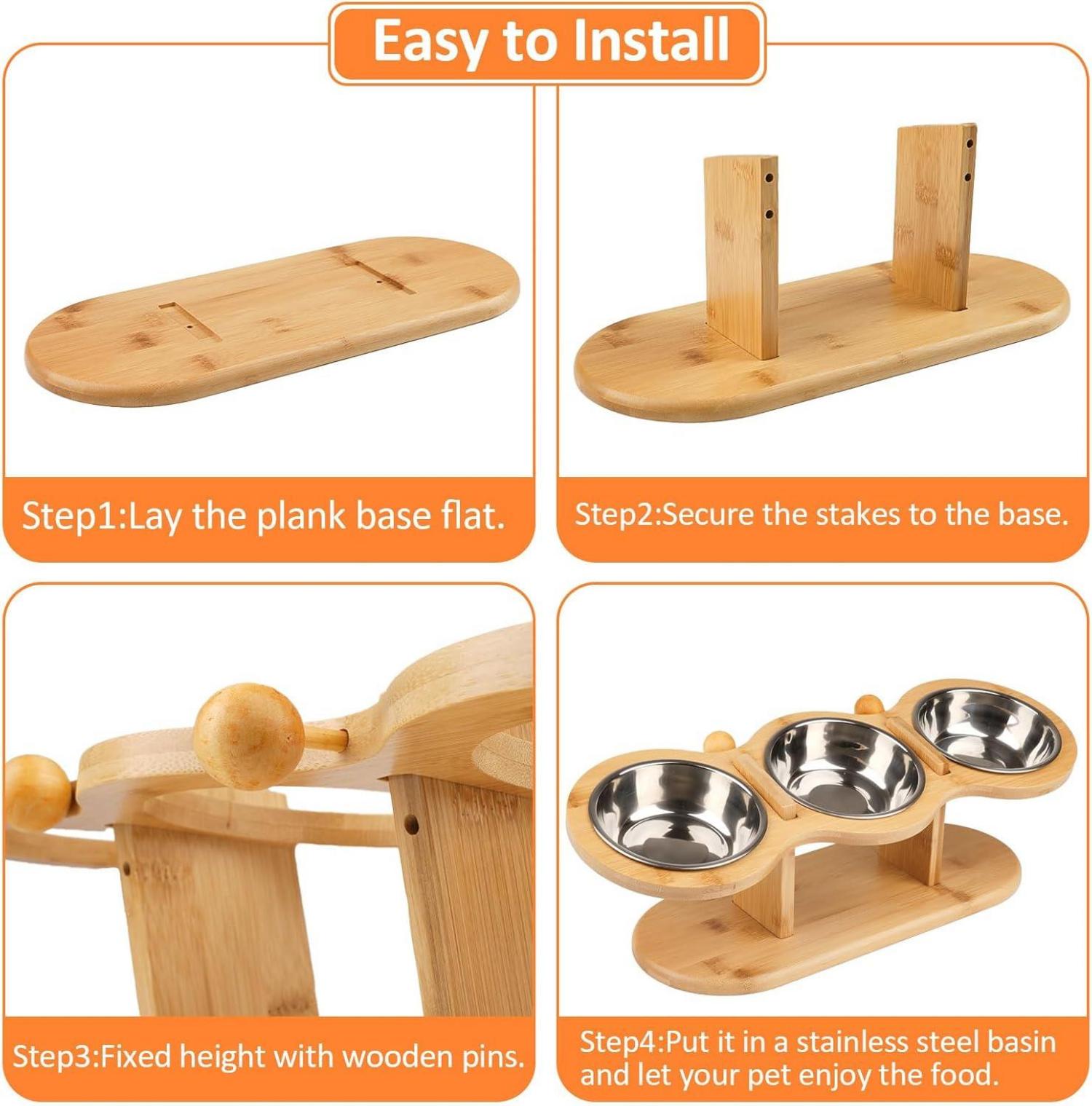 Katzennapf Erhöht mit 3 Edelstahl Schüsseln und Holz Ständer