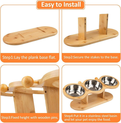 Katzennapf Erhöht mit 3 Edelstahl Schüsseln und Holz Ständer