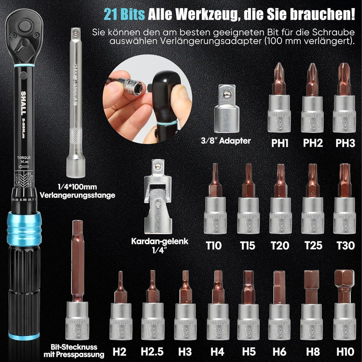 21-teiliger Drehmomentschlüssel 1/4" 2-25 Nm für Fahrrad & Motorrad