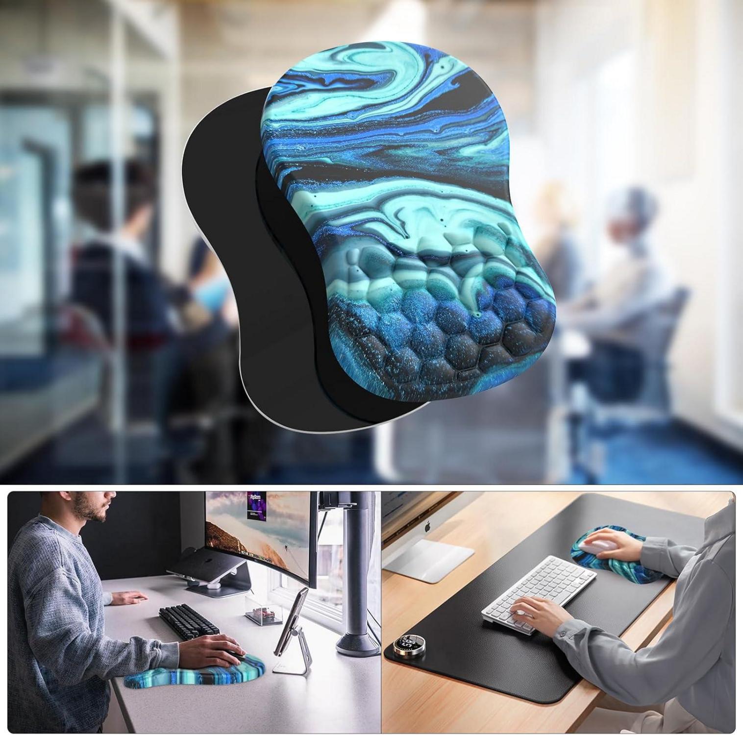 Ergonomisches Mauspad mit Handauflage und Memory-Schaum, Rutschfeste Unterseite - Blau/Schwarz Marmor