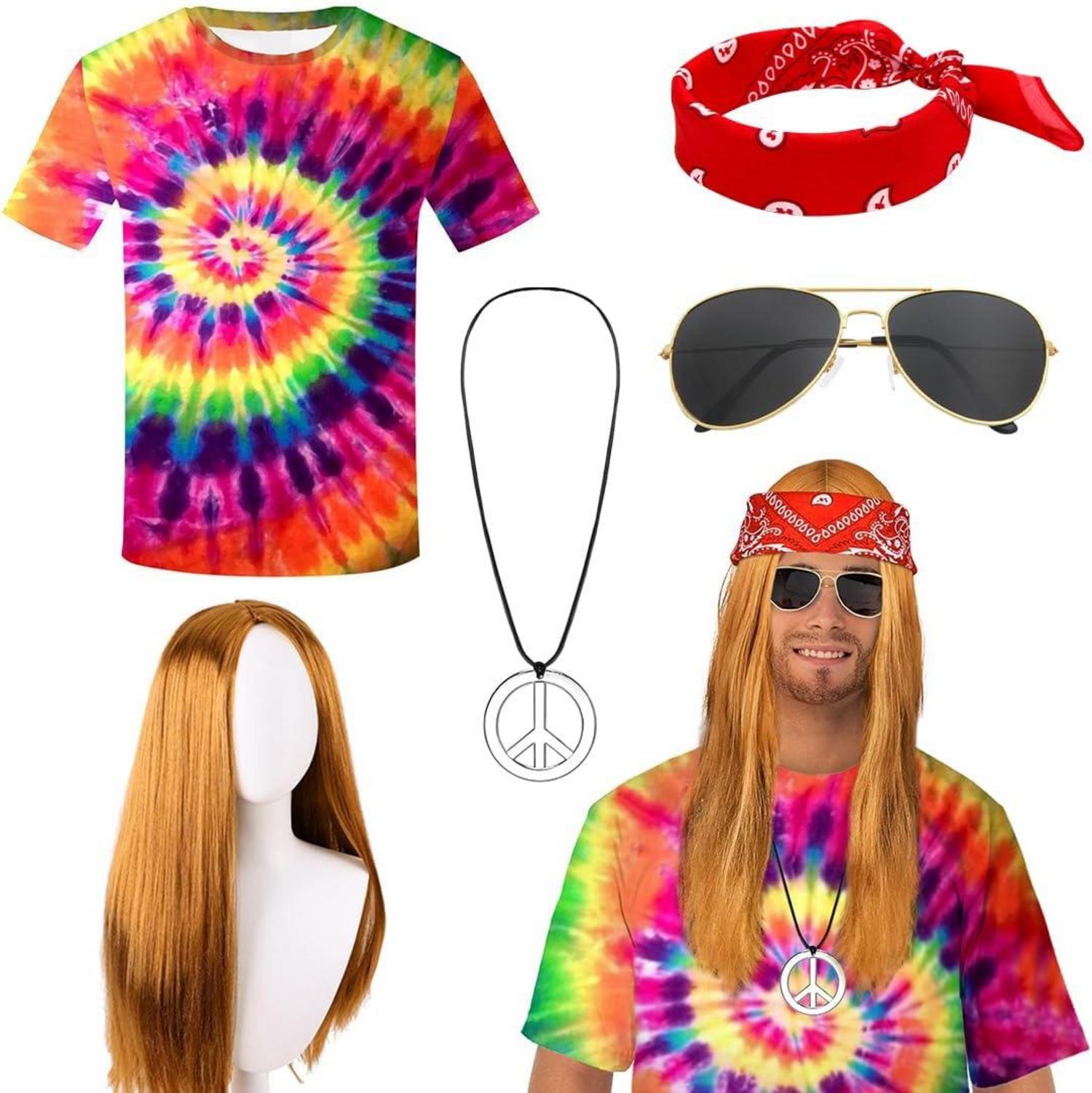 Hippie Kostüm Herren 70er Jahre T-Shirt Perücke Brille Peace Halskette