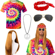 Hippie Kostüm Herren 70er Jahre T-Shirt Perücke Brille Peace Halskette
