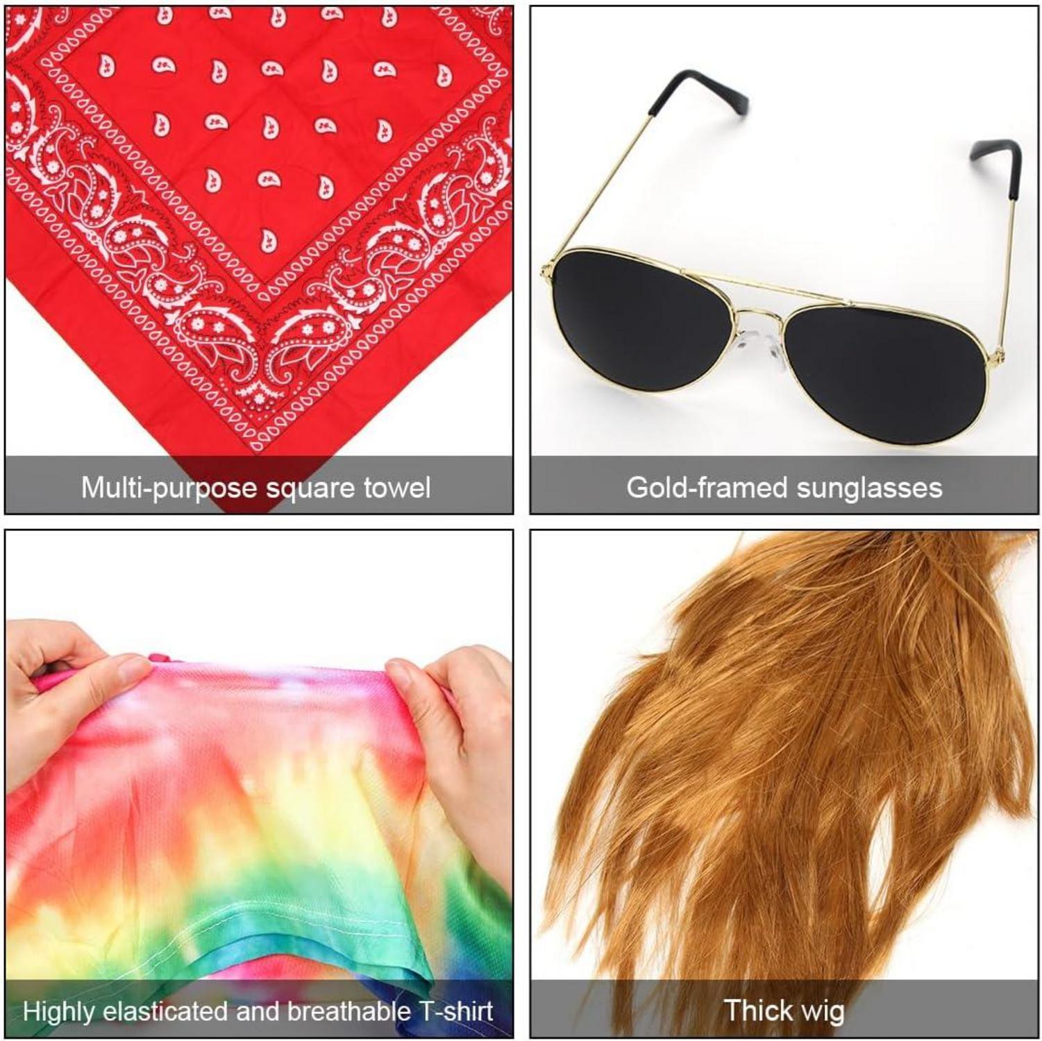 Hippie Kostüm Herren 70er Jahre T-Shirt Perücke Brille Peace Halskette