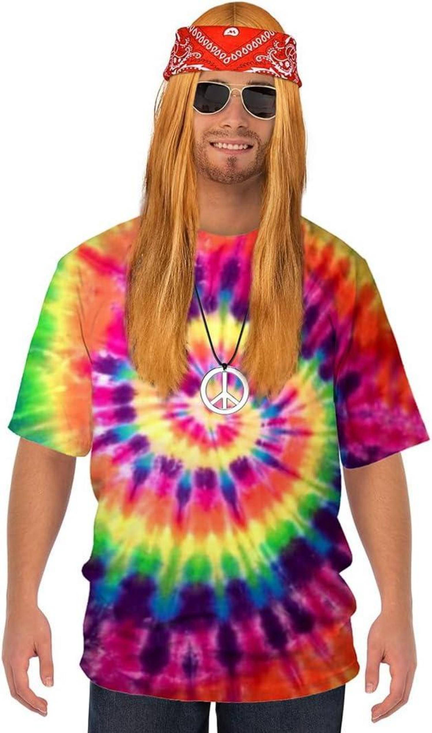 Hippie Herren Kostüm 70er Jahre Kleidung T-Shirt Perücke Brille Peace Halskette Stirnband