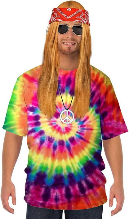 Hippie Herren Kostüm 70er Jahre Kleidung T-Shirt Perücke Brille Peace Halskette Stirnband