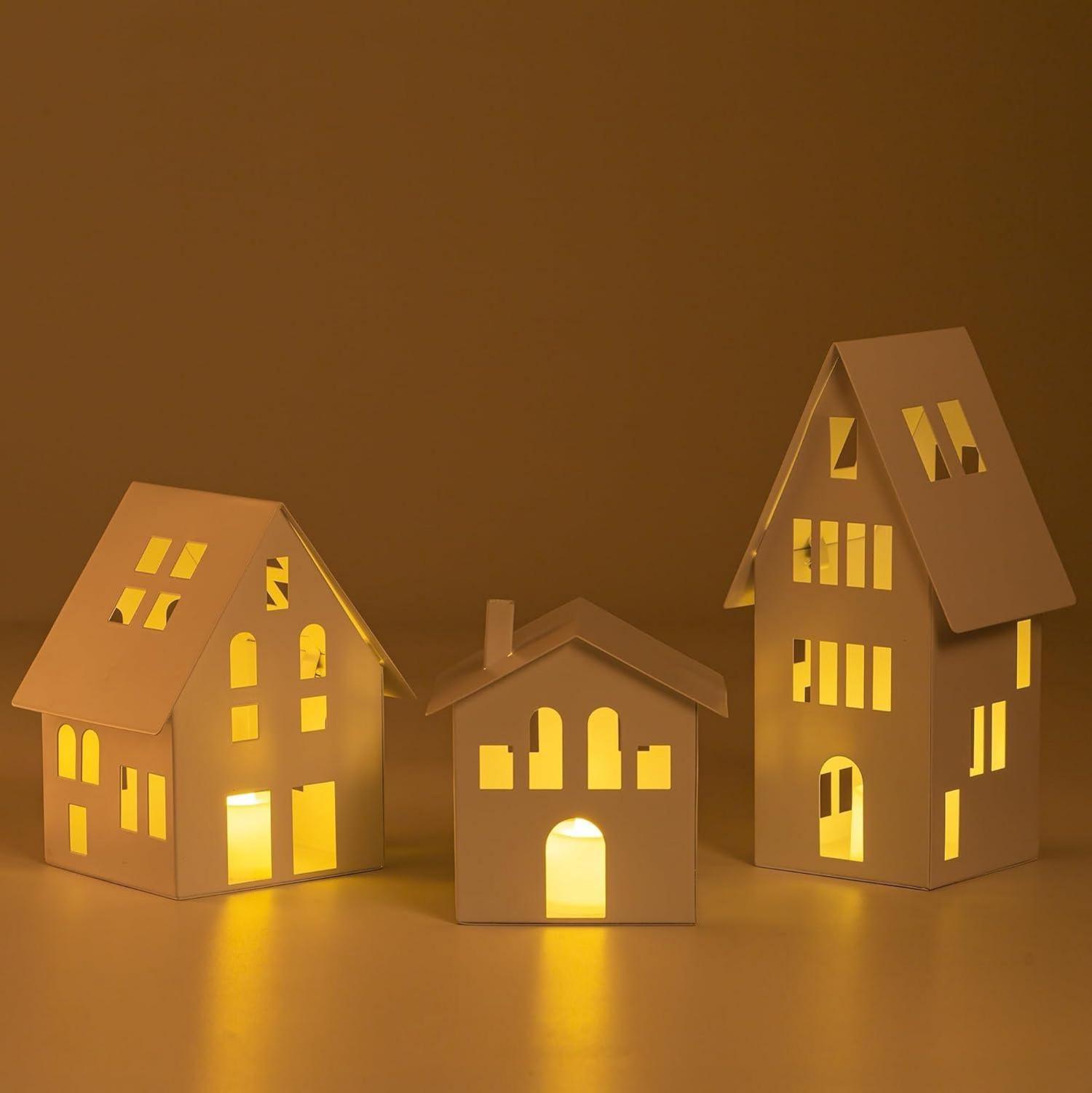 Romadedi Lichthaus Metall Windlicht LED Kerzen Weiß 9/10,6/14,3/20,5cm