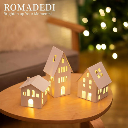 Romadedi Metall Windlicht Haus 3er Set LED Kerzen Weiß Weihnachtsdeko