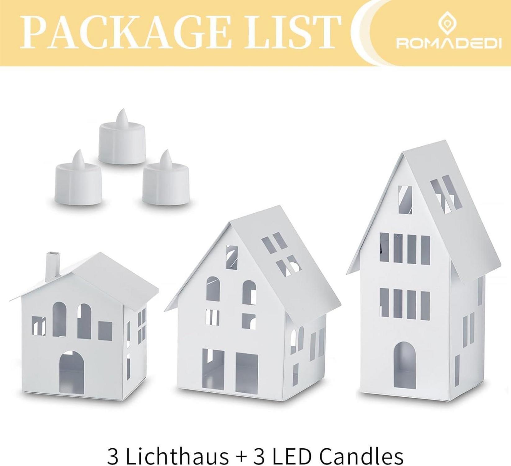 Romadedi Lichthaus LED Windlicht Weiß Weihnachtsdeko 3er Set