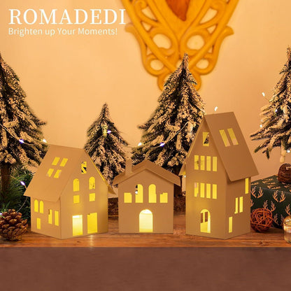 Romadedi Metall Windlicht Haus 3er Set LED Kerzen Weiß Weihnachtsdeko