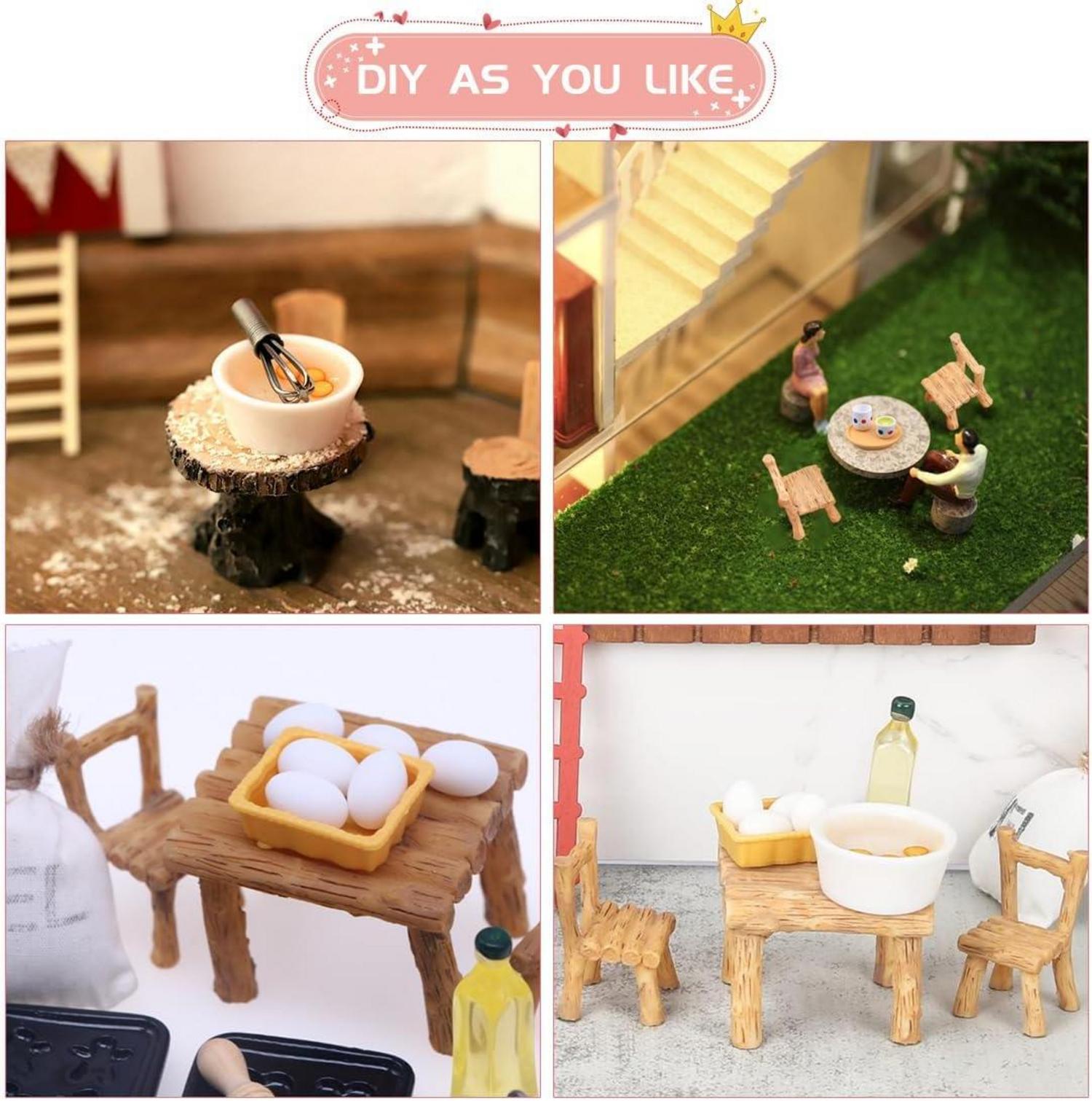 Miniatur Küche Puppenhaus Zubehör Tisch Stühle Teetassen Eier Nudelholz