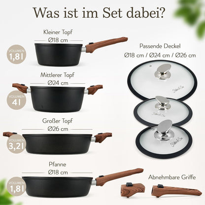 Topfset Pfannenset Induktion Antihaftbeschichtet Holzoptik - Abnehmbare Griffe