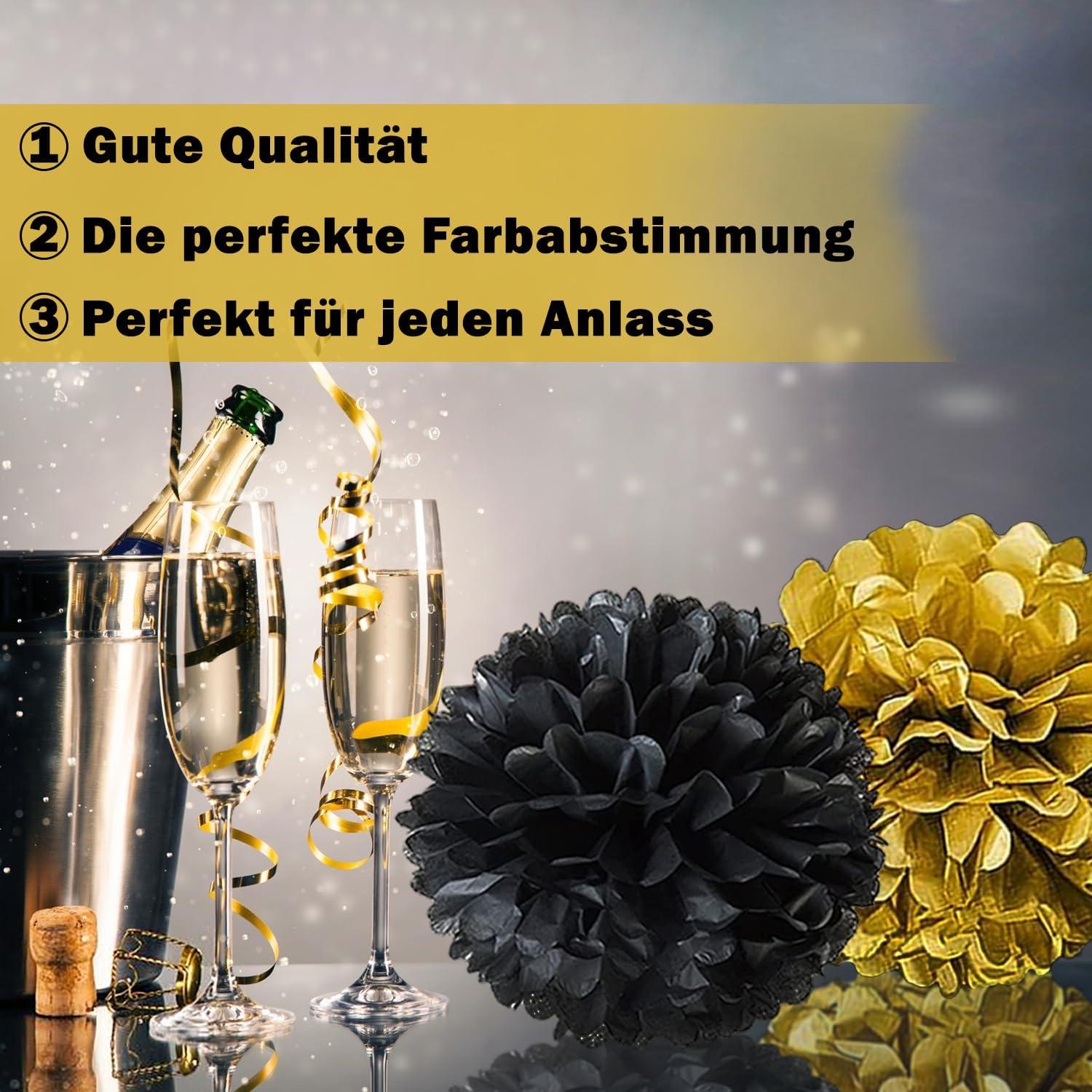 Schwarzes Gold Pompons Deko Set 20 Stück Seidenpapier