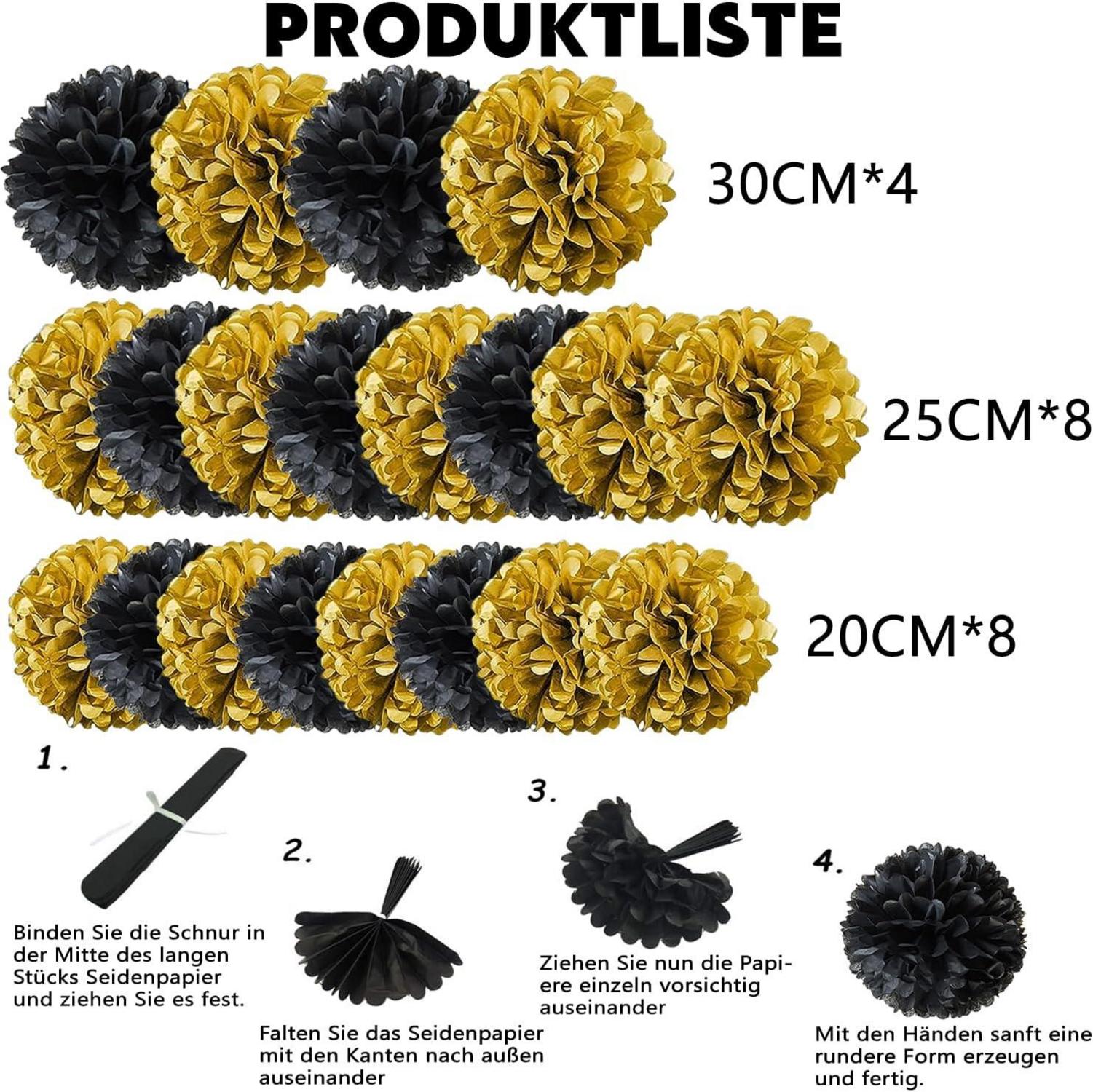 Schwarzes Gold Pompons Deko Set 20 Stück Seidenpapier Poms