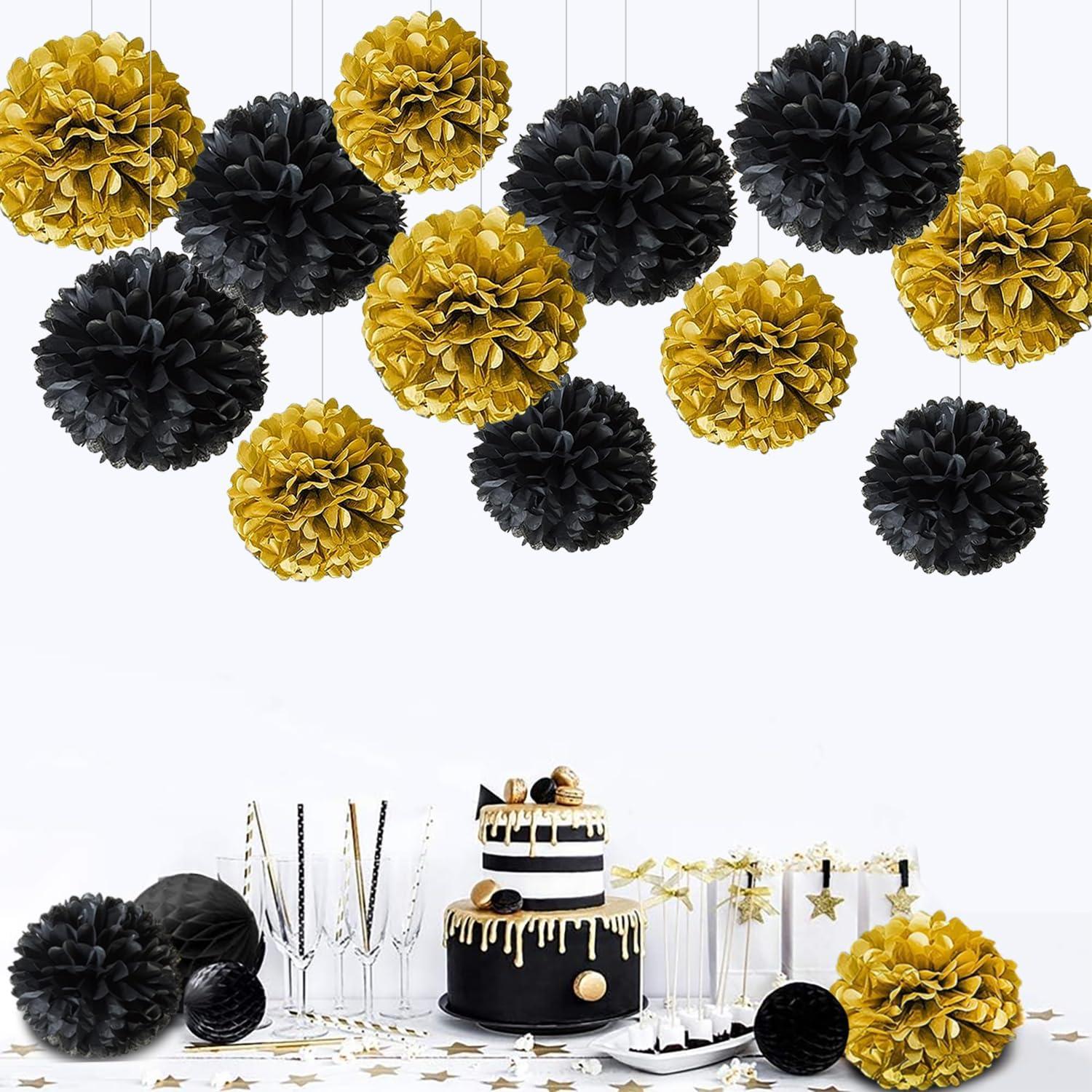 Schwarzes Gold Pompons Deko 20 Stück Silvester Geburtstag Abschlussparty