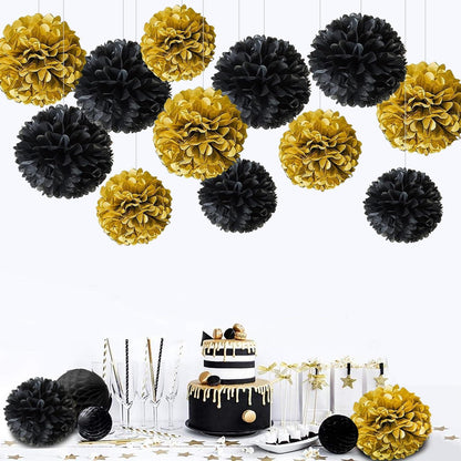 Schwarzes Gold Pompons Deko 20 Stück Silvester Geburtstag Abschlussparty