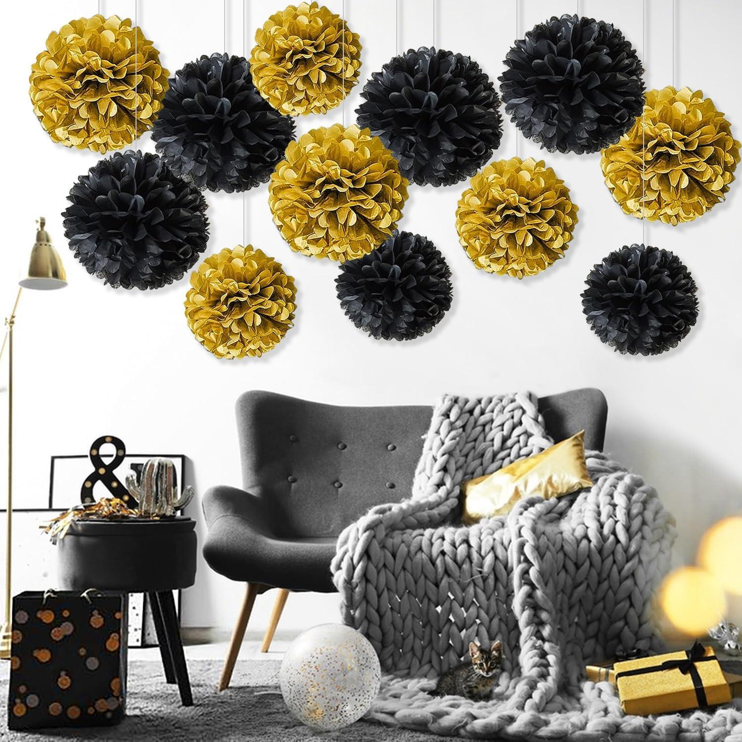 Schwarzes Gold Pompons Deko 20 Stück Seidenpapier Poms Neujahr Silvester