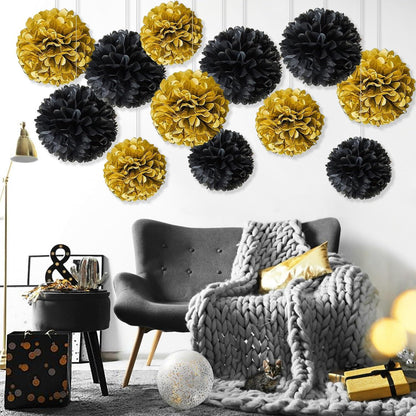 Schwarzes Gold Pompons Deko 20 Stück Seidenpapier Poms Neujahr Silvester