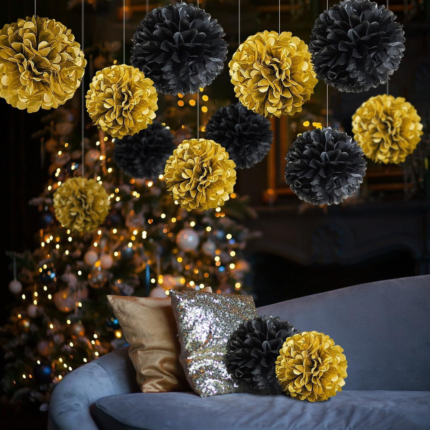 Schwarzes Gold Pompons Deko 20 Stück Seidenpapier - Schwarz Gold Thema