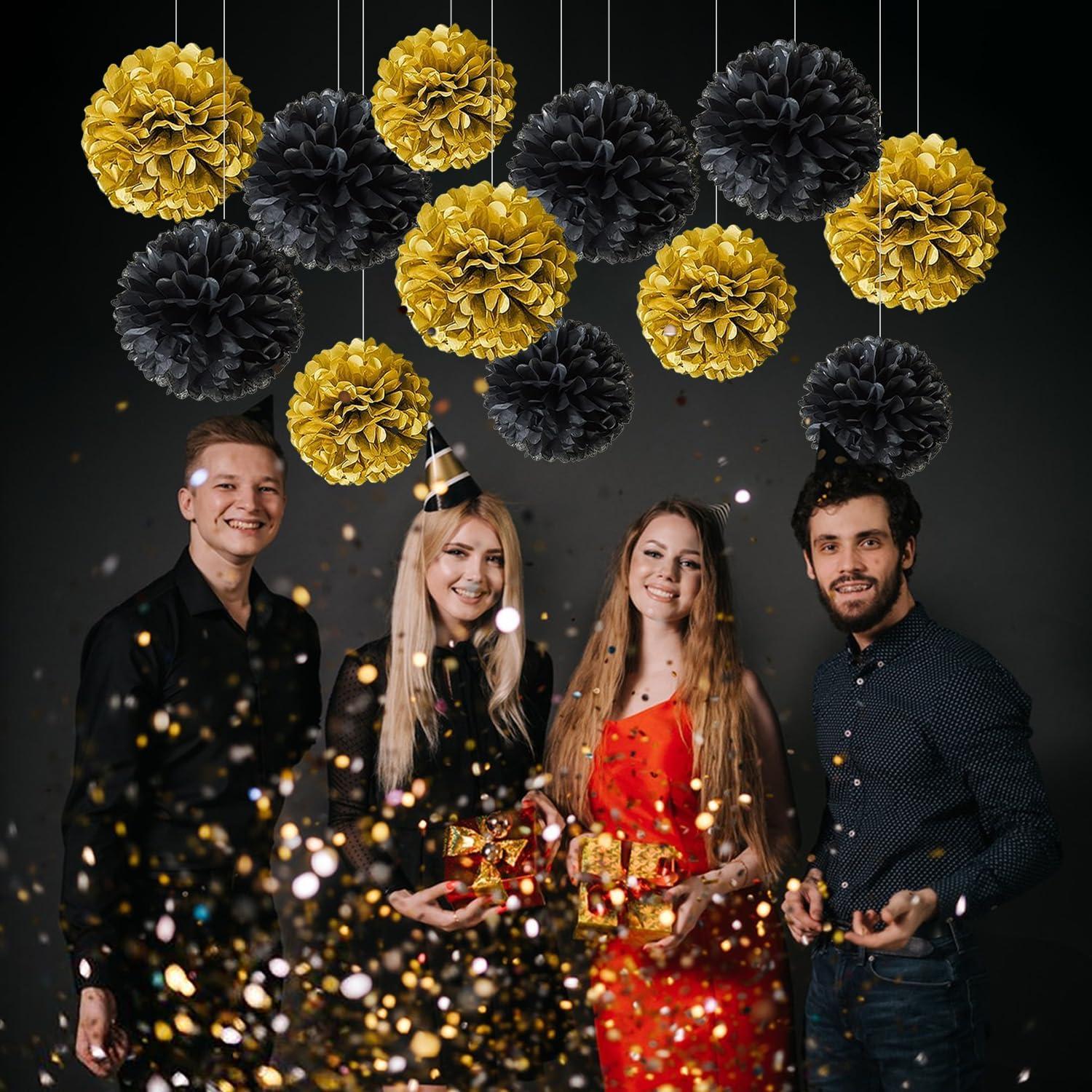 Schwarzes Gold Pompons Deko 20 Stück Seidenpapier Poms Neujahr Silvester