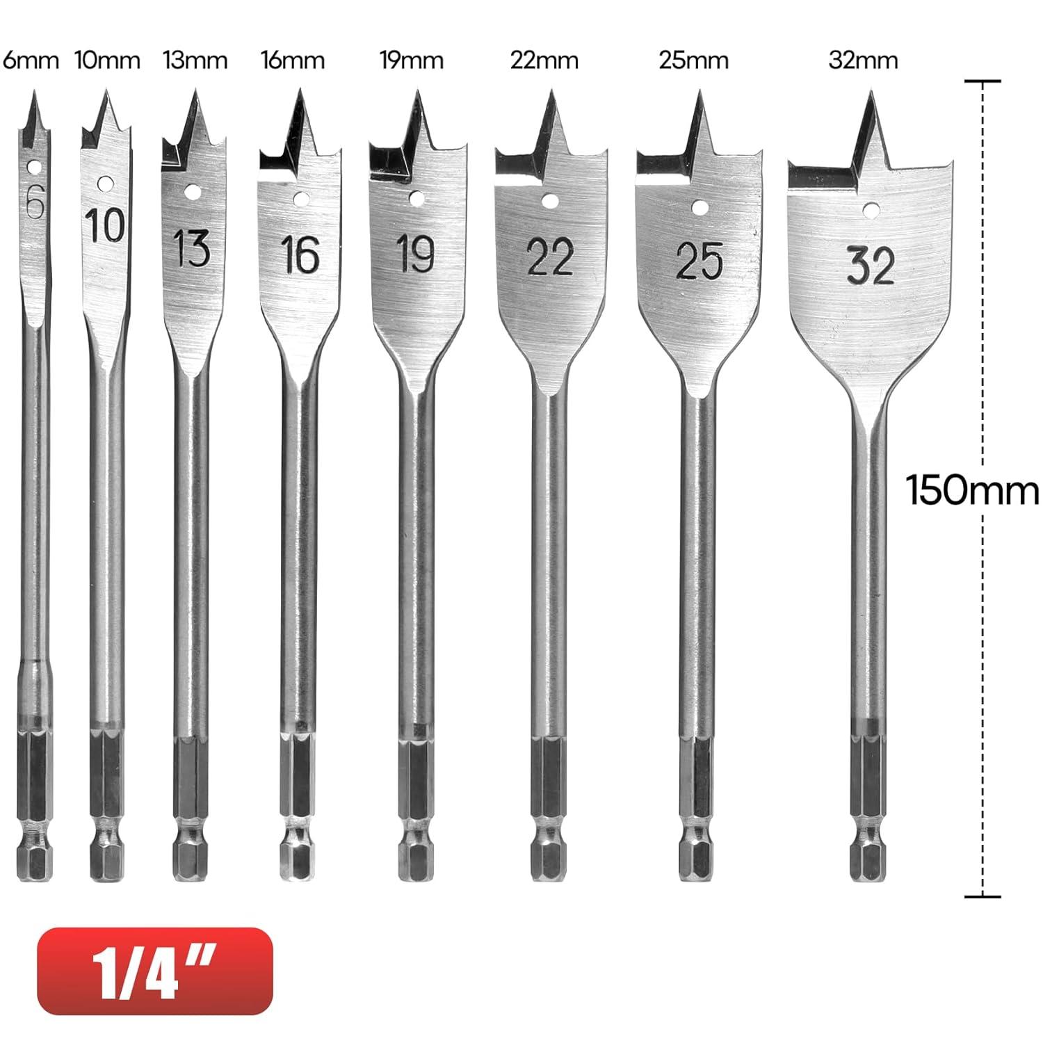 Spatenbohrer-Set Holz 8-teilig 1/4 Zoll Sechskantschaft
