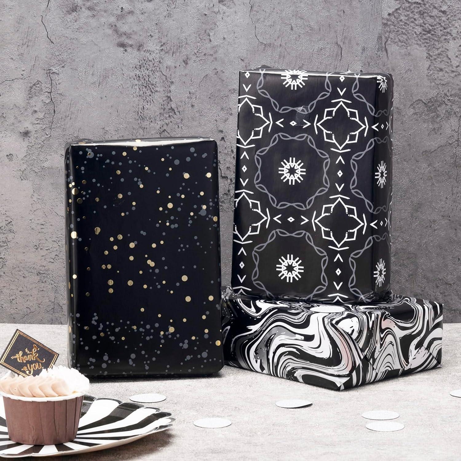 Geschenkpapier Schwarz Marmor Hochwertige Geschenke Hochzeit - 3 Rollen 43x300cm