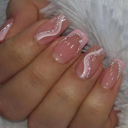 24er Set Press on Nägel French Rosa Weiß Glossy Ballerina