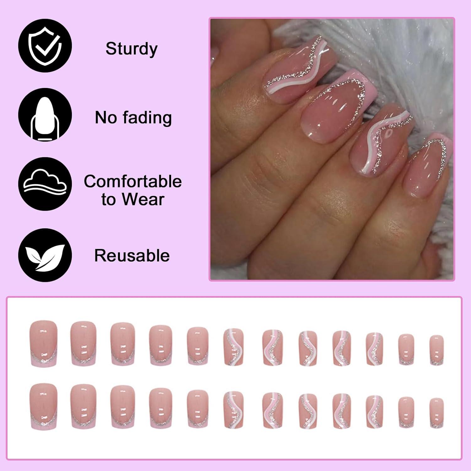 24 Stück French Press on Nails Rosa Weiß Streifen Glossy