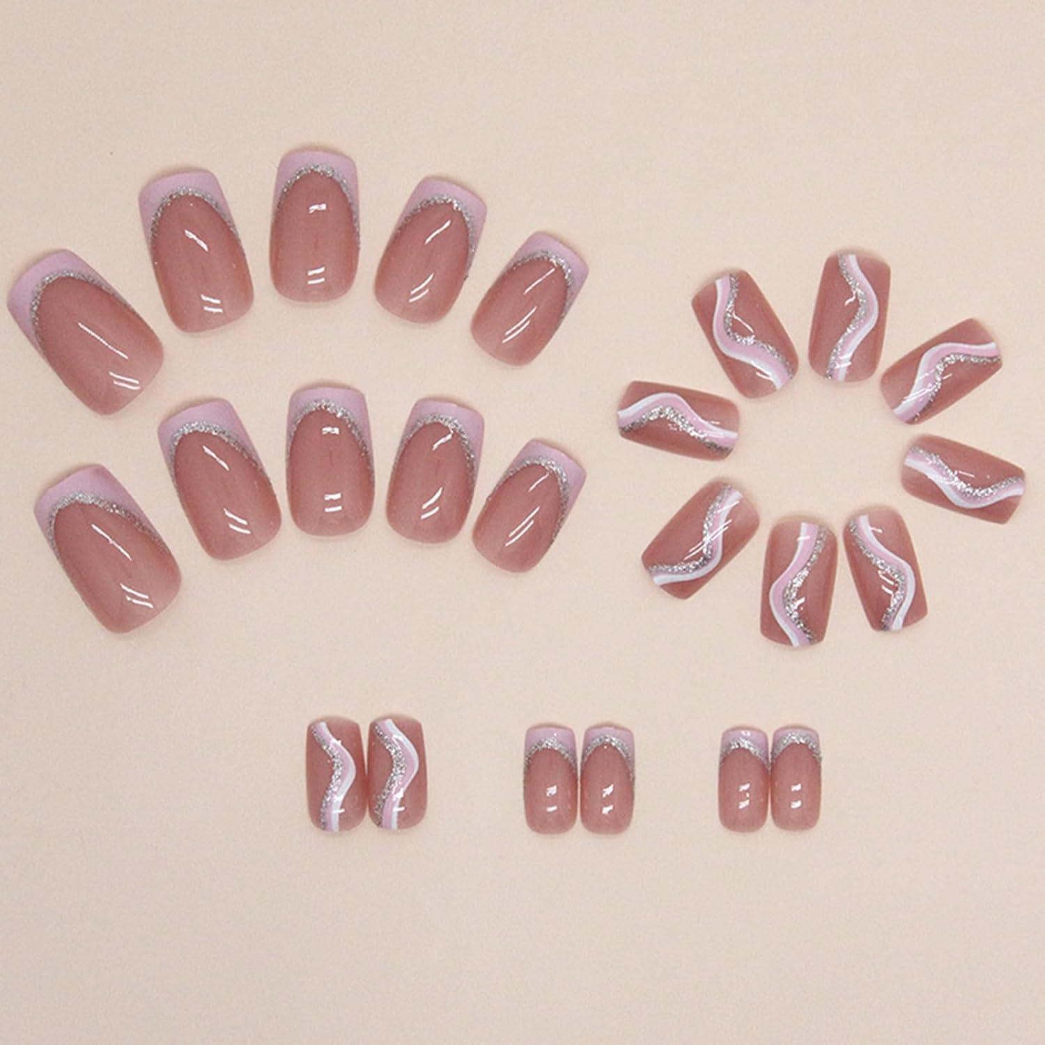 24er Set Press on Nägel French Rosa Weiß Glossy Ballerina