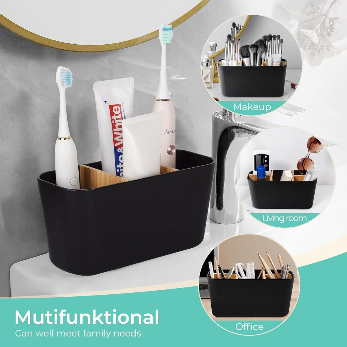 Bambus Zahnbürstenhalter mit 4 Fächern & Organizer Schwarz