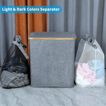 Efuky Wäschekorb 2 Fächer Deckel 140 l Blaugrau Bambus