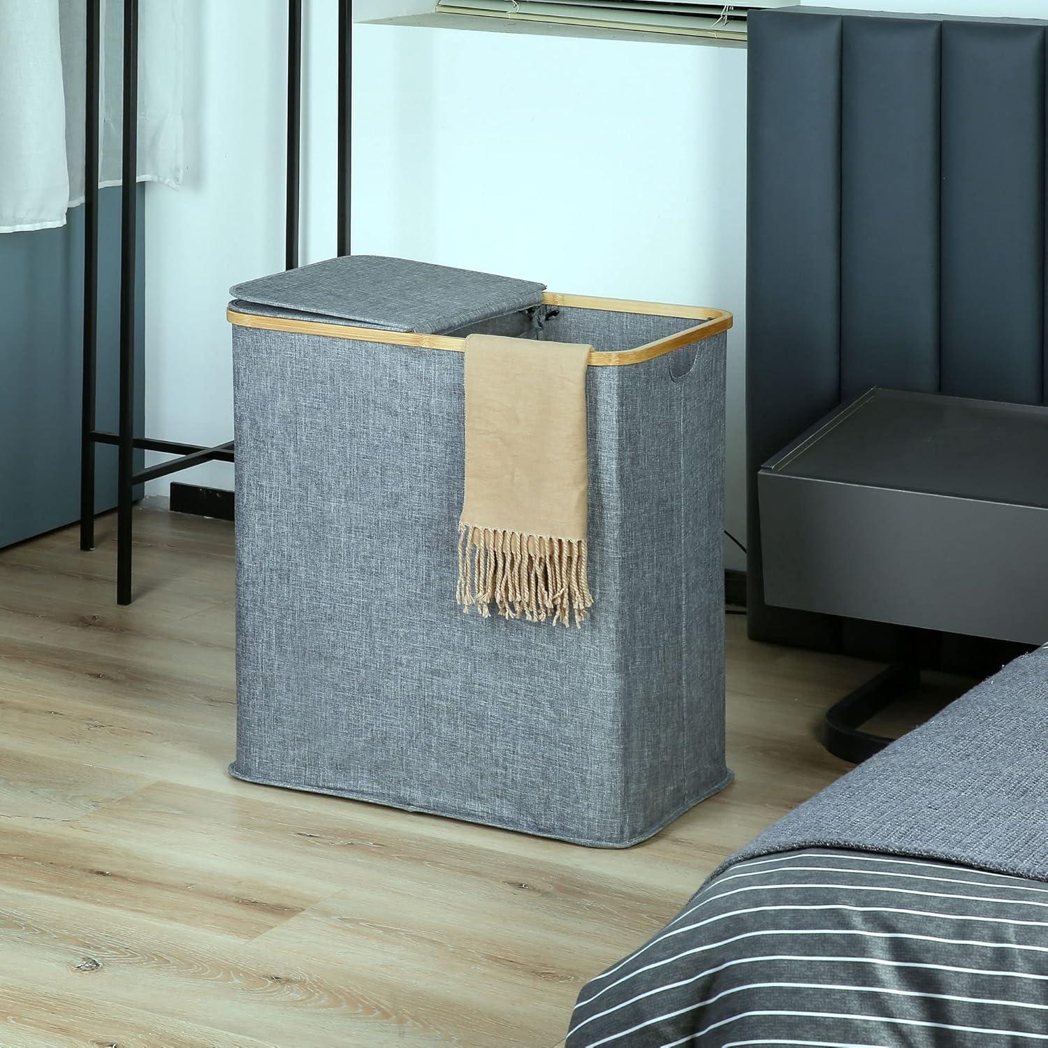 Wäschekorb Deckel 2 Fächer 140 l Blaugrau Leinen Bambus
