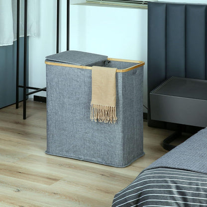 Wäschekorb Deckel 2 Fächer 140 l Blaugrau Leinen Bambus