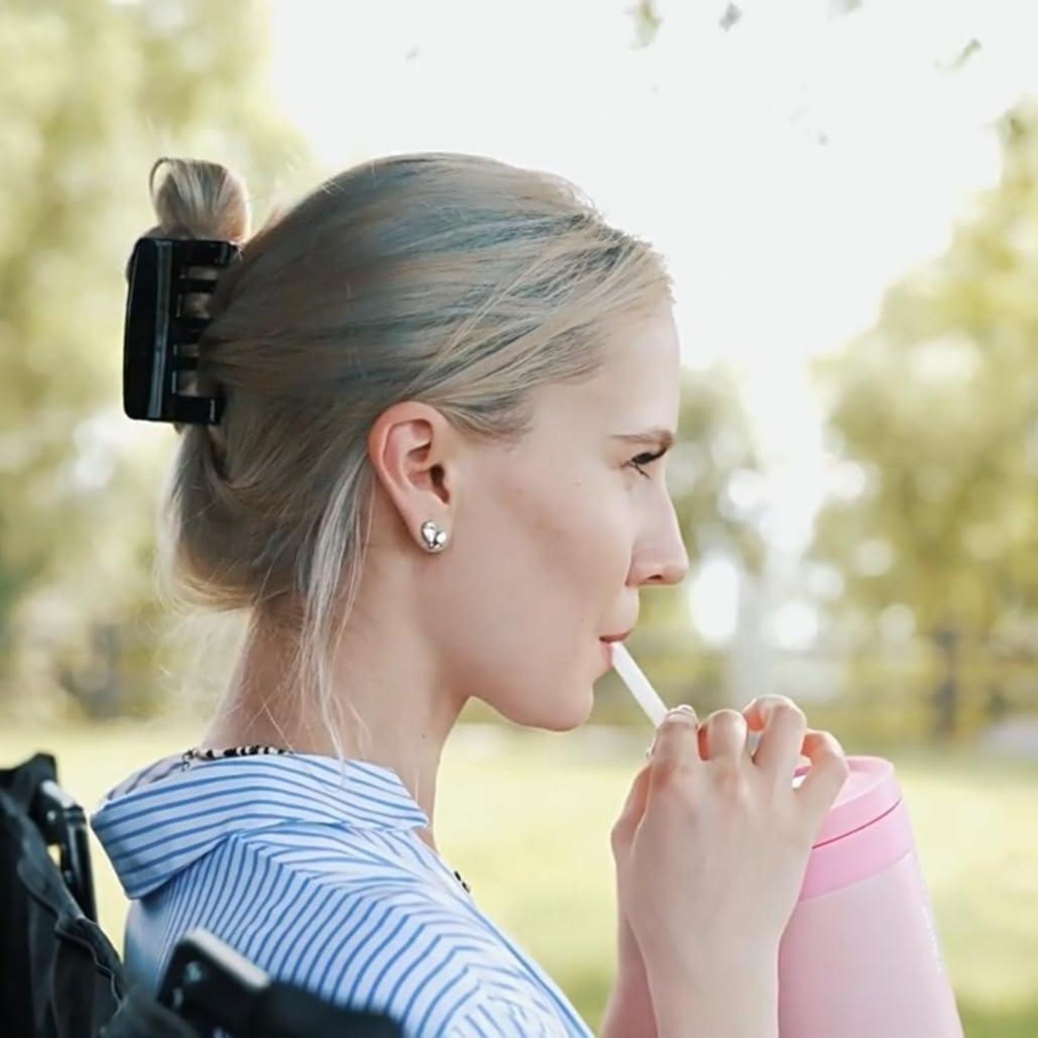 Thermobecher Edelstahl 1180 ML Trinkbecher to Go Strohhalm Henkel Deckel Rose