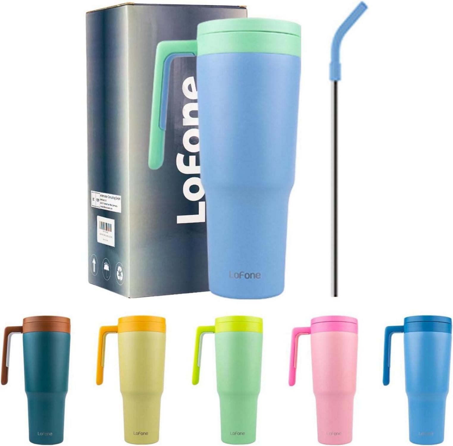 Thermobecher aus Edelstahl mit Strohhalm und Henkel