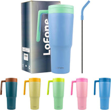 Thermobecher aus Edelstahl mit Strohhalm und Henkel