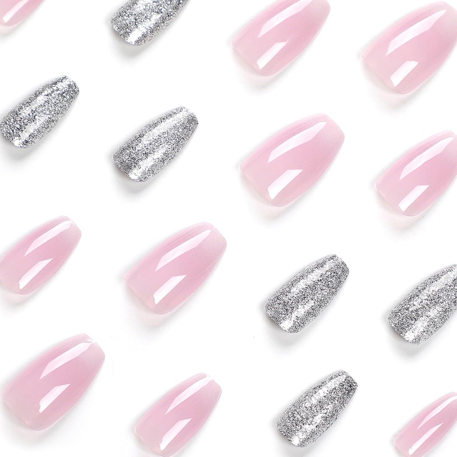 24 Stück Rosa Glänzende Eckige Press On Nägel mit Nagelkleber
