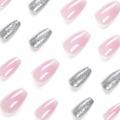 24 Stück Rosa Glänzende Eckige Press On Nägel mit Nagelkleber