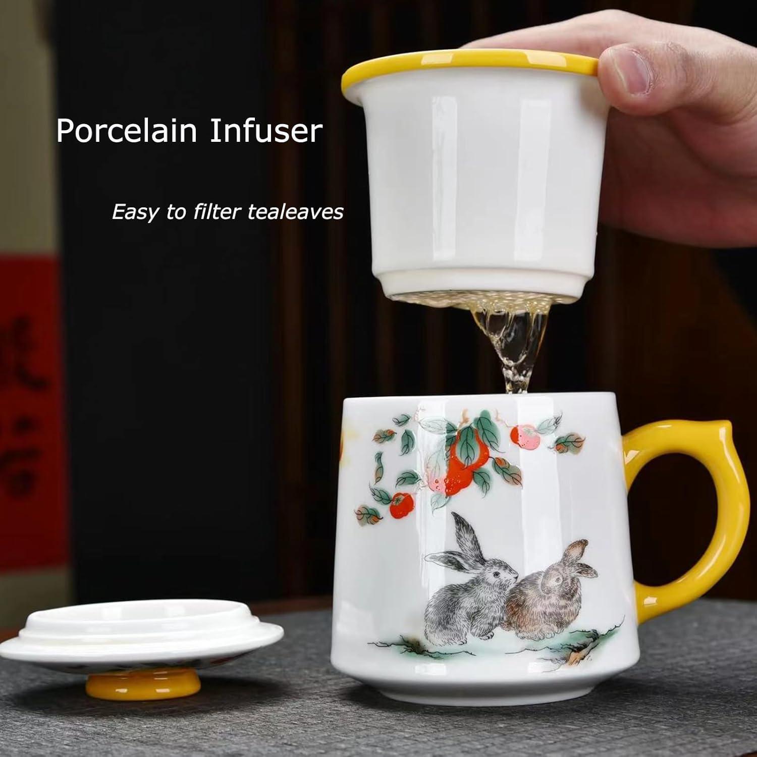 Chinesische Teetassen Kaninchen Teebecher Porzellan 415ml mit Deckel