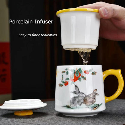 Chinesische Teetassen Kaninchen Teebecher Porzellan 415ml mit Deckel