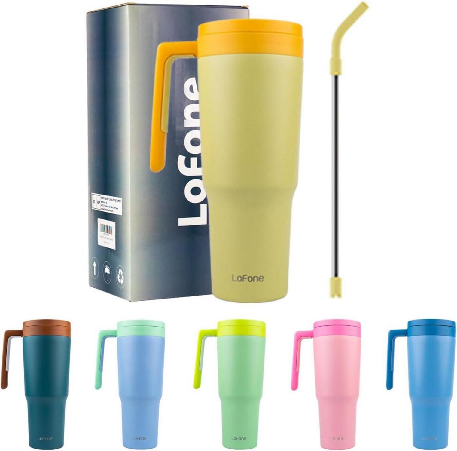 Thermobecher aus Edelstahl mit Strohhalm und Henkel - 1180 ML - Gelb