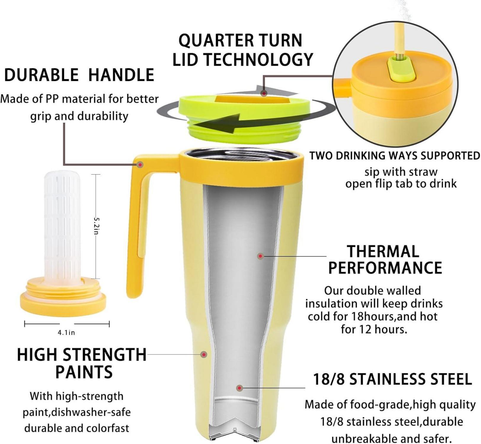 Thermobecher aus Edelstahl mit Strohhalm und Henkel - 1180 ML - Gelb
