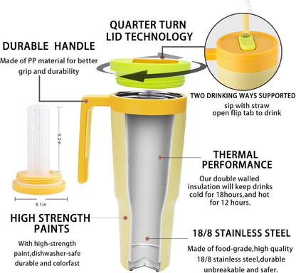 Thermobecher aus Edelstahl mit Strohhalm und Henkel - 1180 ML - Gelb