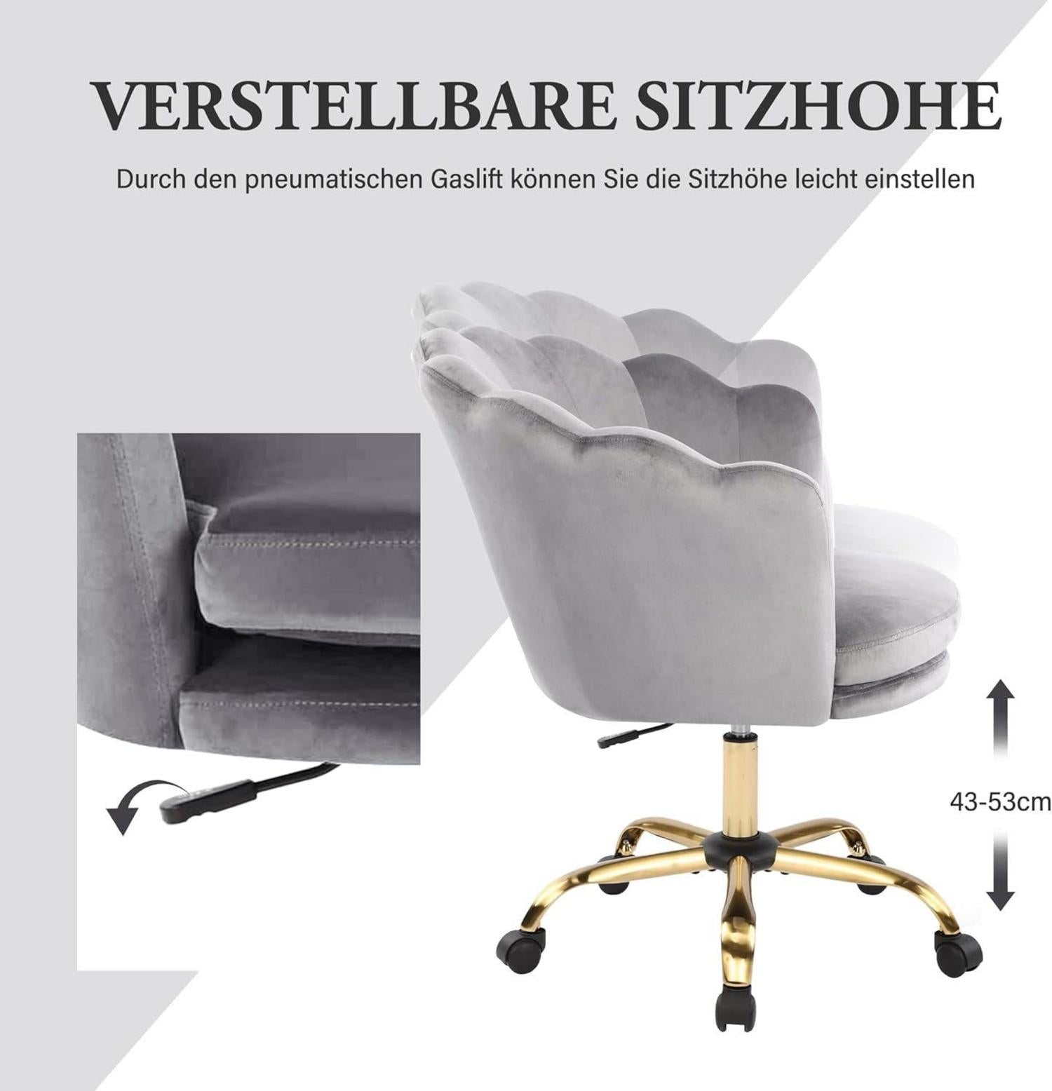 Bürostuhl Samt Höhenverstellbar Drehstuhl mit Rädern, Dunkelgrau Gold