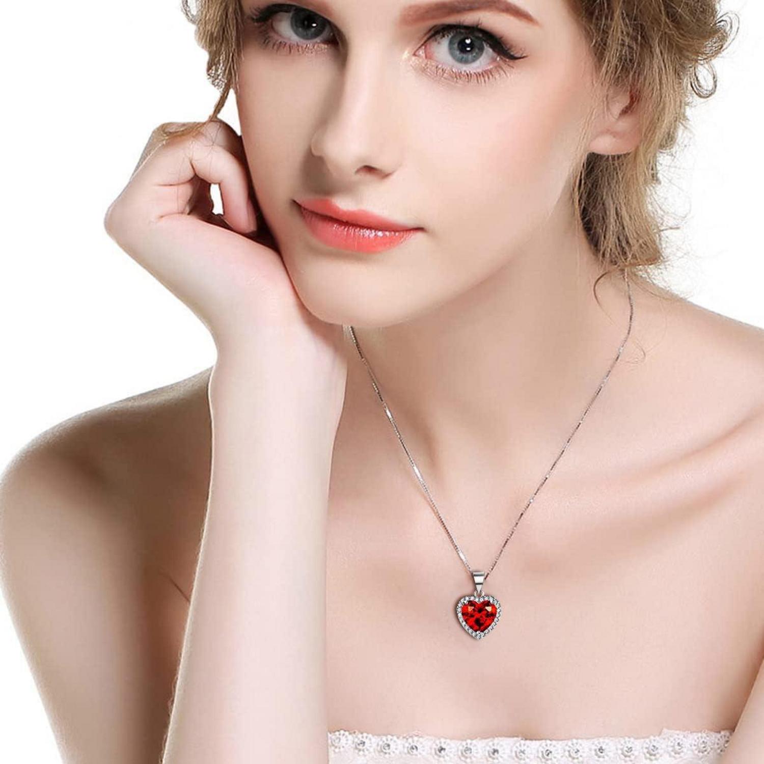 Ewige Rose Kette Silber 925 Rubin Herz Halskette Geschenkbox Weihnacht