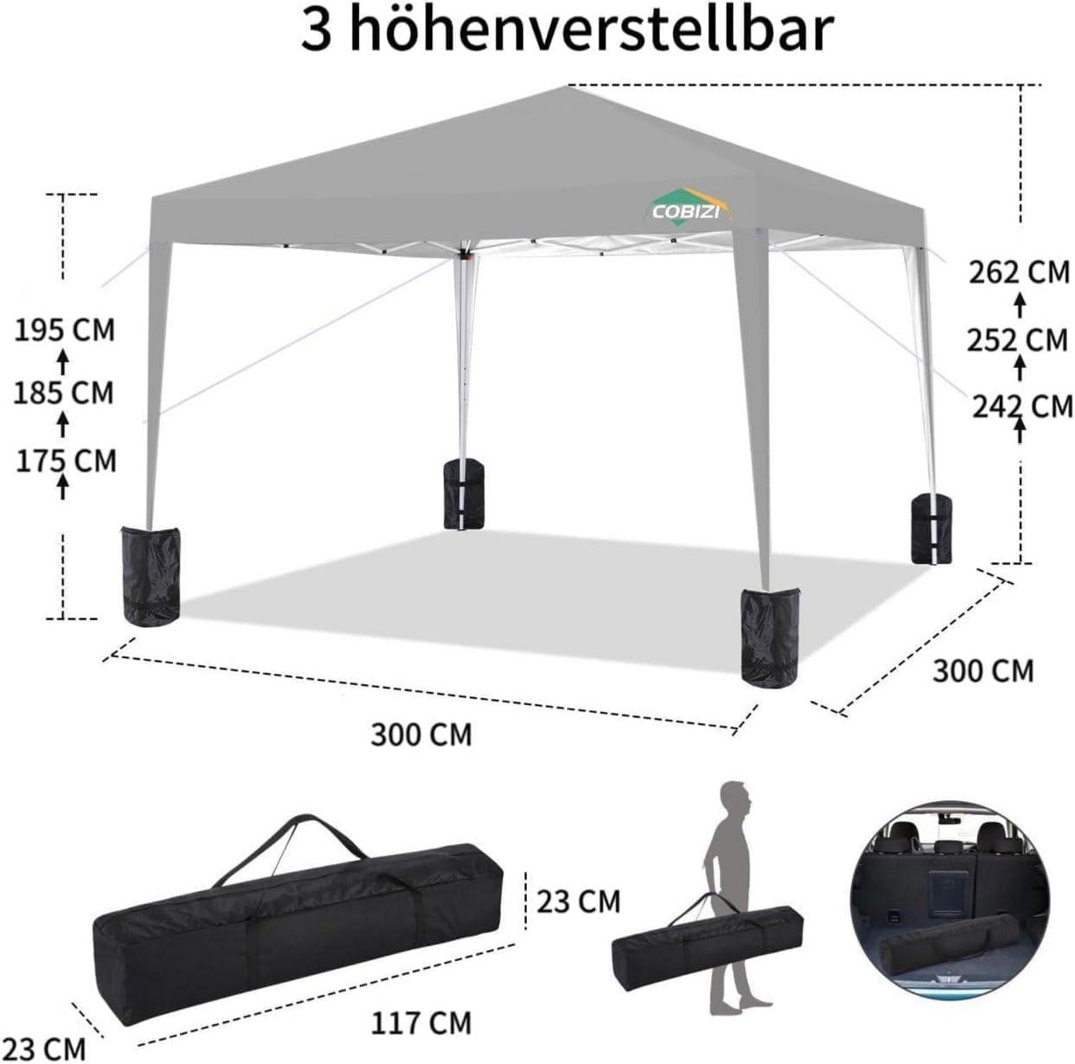 COBIZI Pavillon 3x3 Faltpavillon Wasserdicht UV-Schutz 50+ Pop up Partyzelt Grau