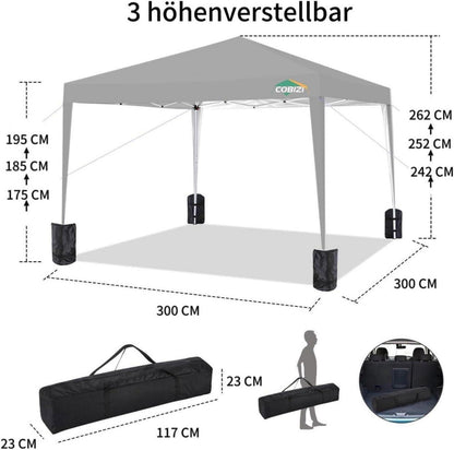 COBIZI Pavillon 3x3 Faltpavillon Wasserdicht UV-Schutz 50+ Pop up Partyzelt Grau