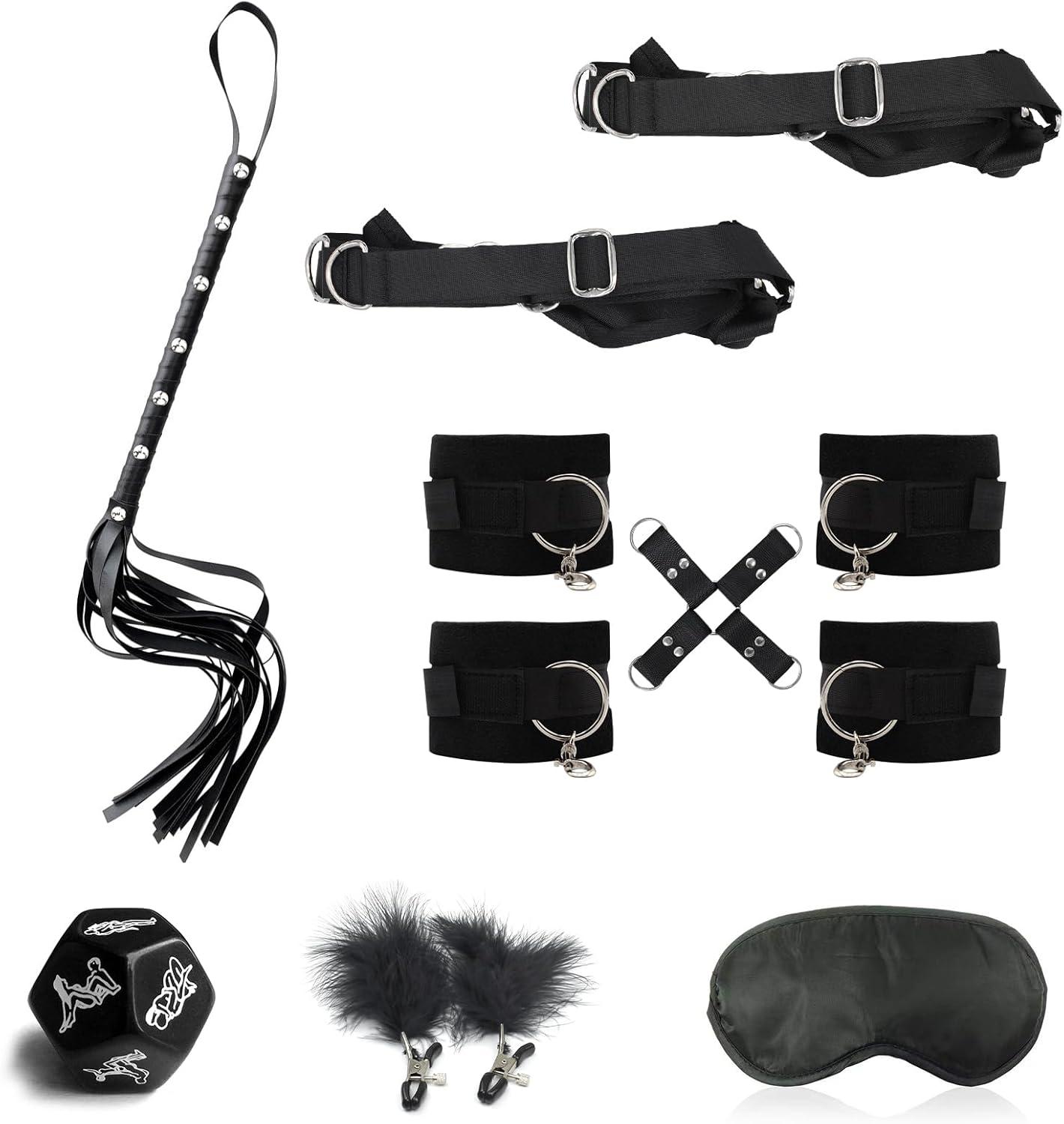BDSM Fesselset mit Augenbinde, Peitsche und Nippelklemmen