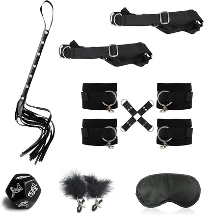 BDSM Fesselset mit Augenbinde, Peitsche und Nippelklemmen