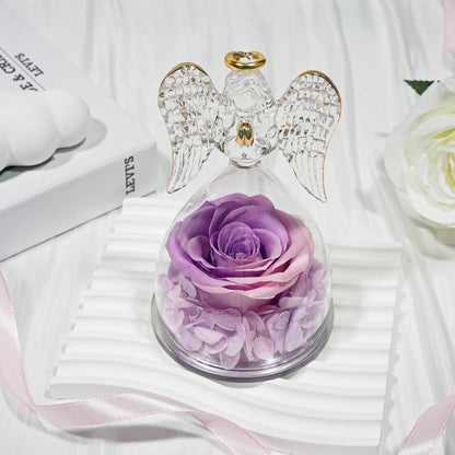 Sunia Ewige Rose mit Engel Figur - Geschenk für Mama & Muttertag - Handgefertigte Blume in Engel Glaskuppel - Rosa-Lila