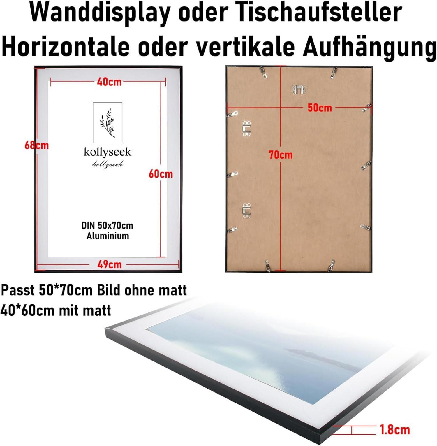 Bilderrahmen Aluminium 50x70cm Schwarz Acrylglas Passepartout